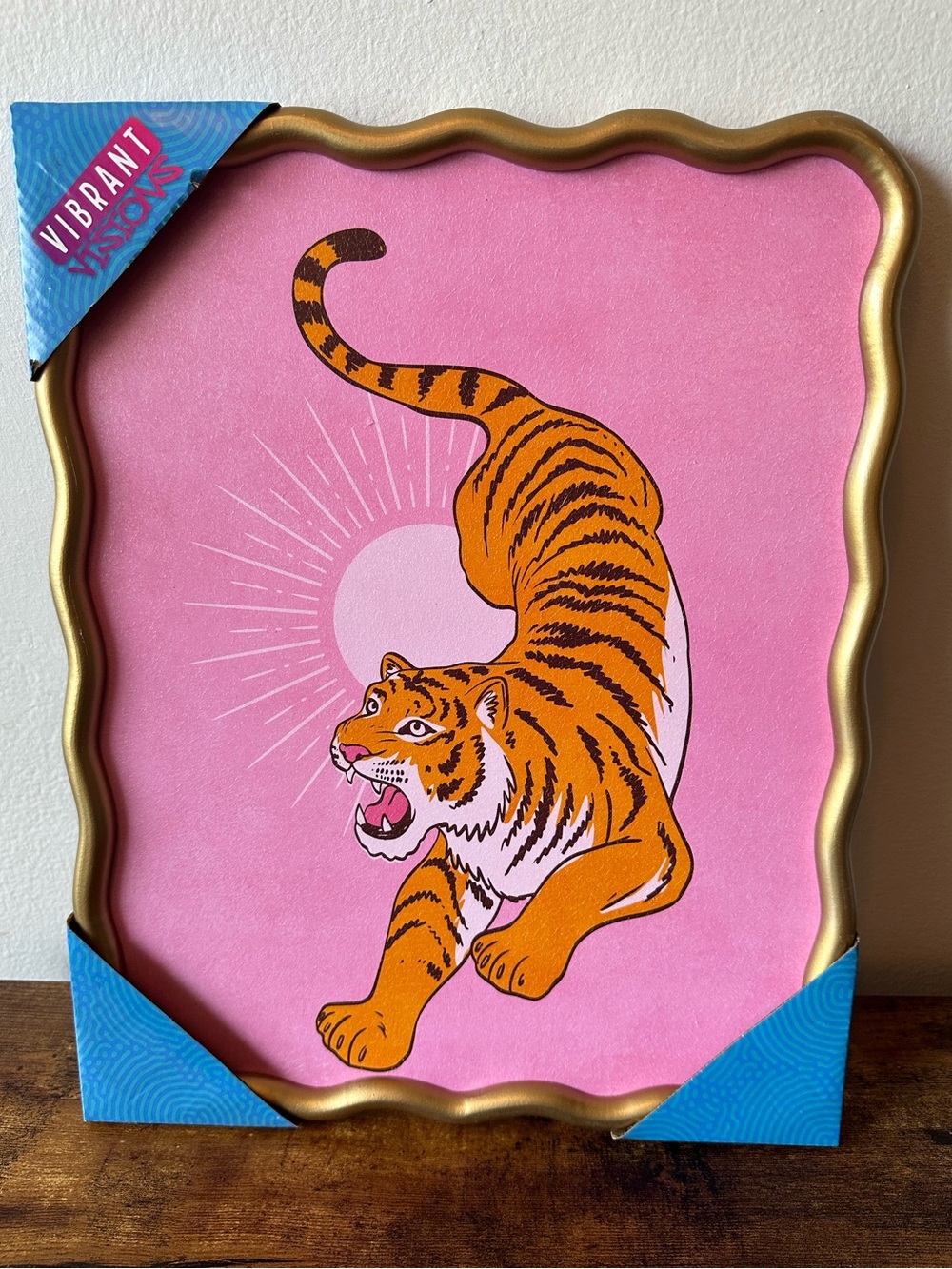 Vibrant Tiger Wall Art Decor Pink & Orange Gold Wavy Framed Home Decor NWT